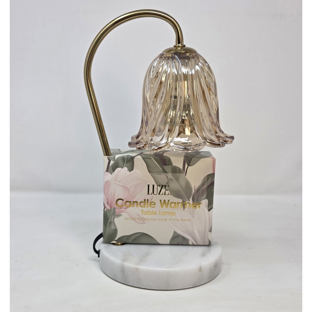Luze Candle Warmer Lamp Amber Glass Flower Shade White Marble Base Gold Dimmable